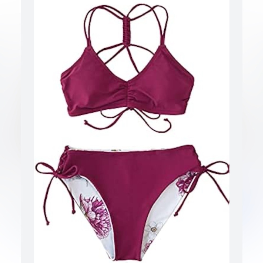 CUPSHE 2-pc Bikini Set Braided Straps
Reversible Floral Bottom, Dark Pink, S
